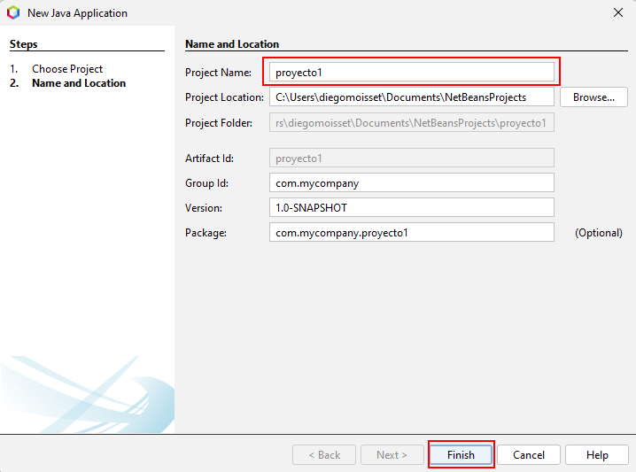 creación proyecto java con NetBeans diálogo definir nombre proyecto