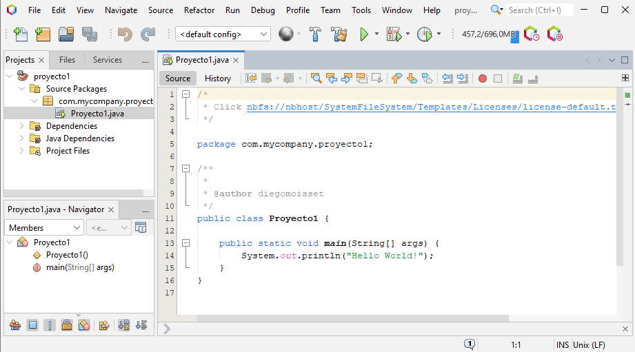 creación proyecto java con NetBeans código generado