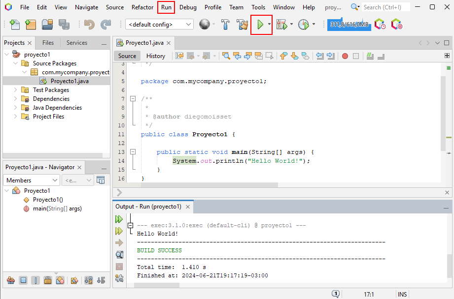 creación proyecto java con NetBeans código generado