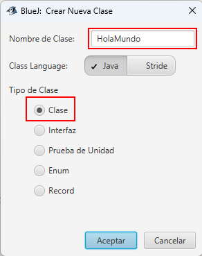 diálogo creación clase java con BlueJ