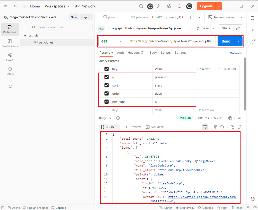 Ejemplo de búsqueda en la API de GitHub