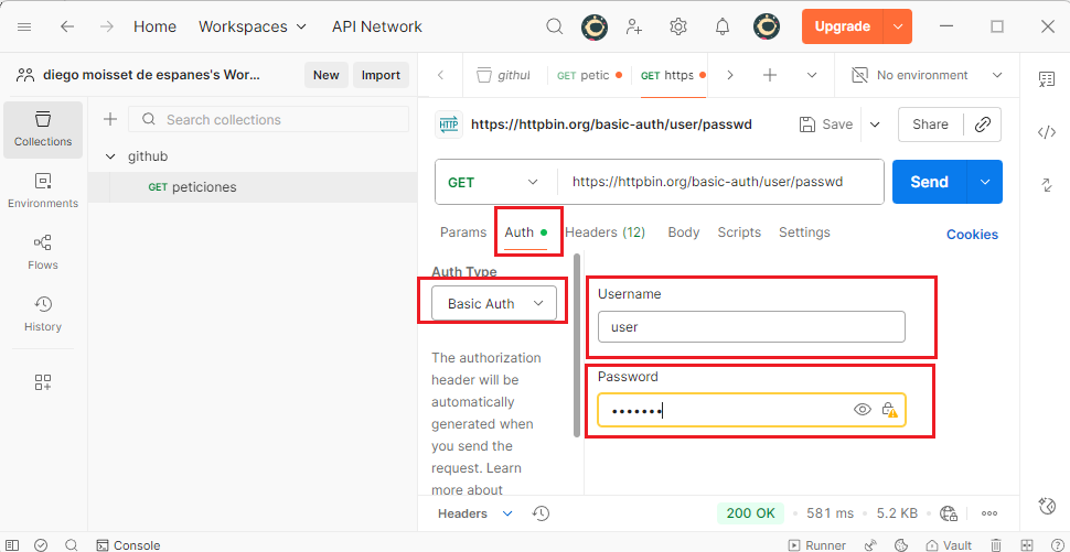 Seleccionar Basic Auth en Postman