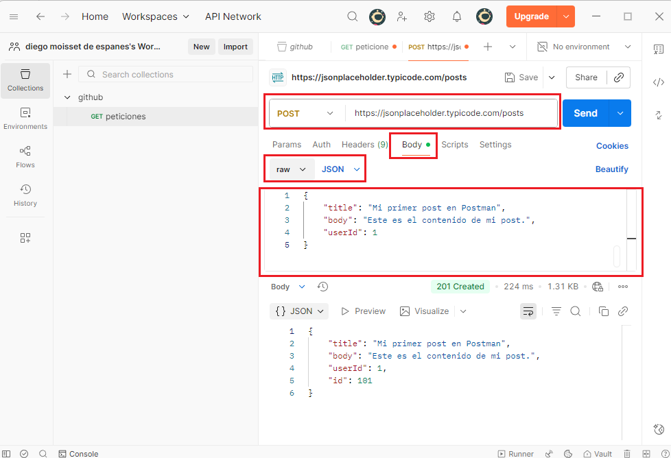 Configurar el cuerpo de la petición como JSON