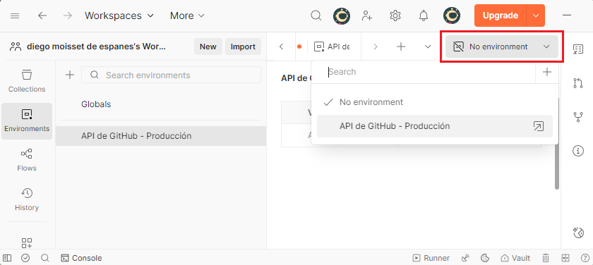 Activar un entorno en Postman
