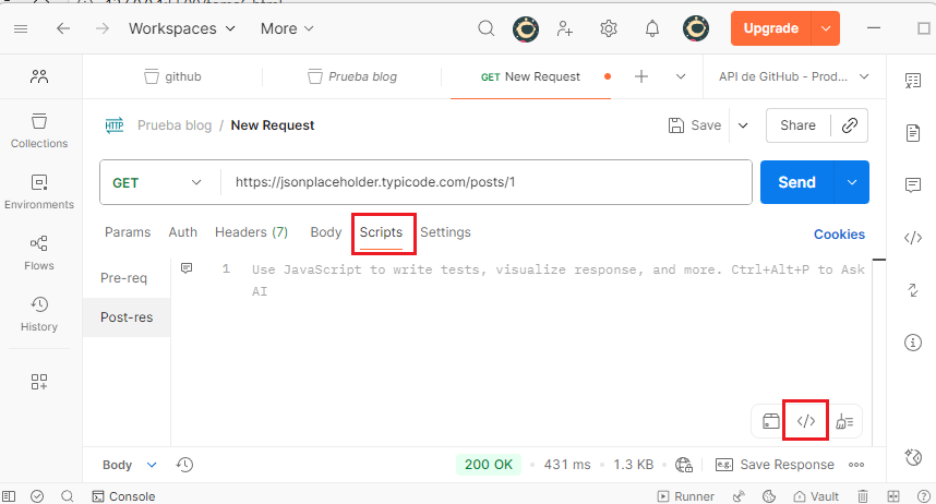 Pestaña de Scripts en Postman