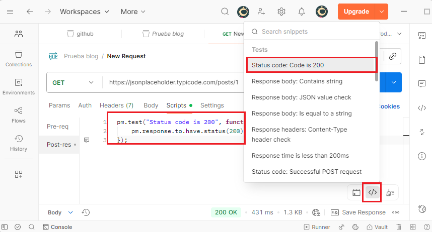 Usar snippets para generar tests en Postman