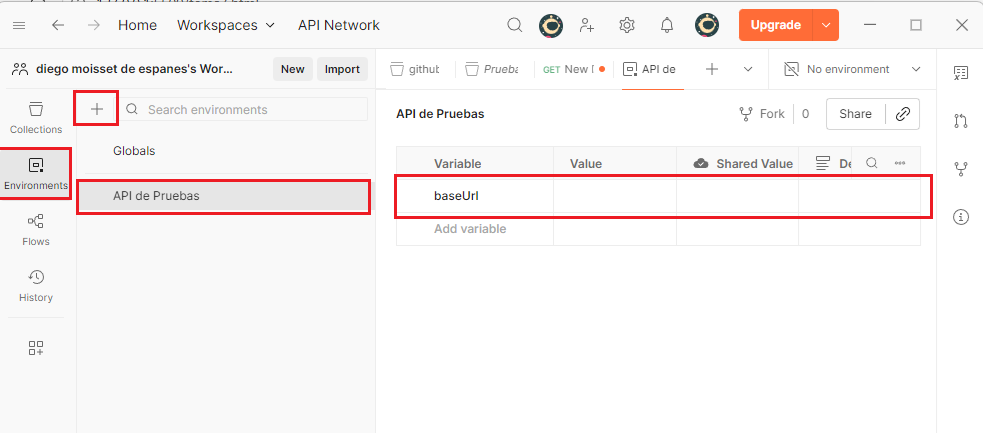Creando un ambiente y definiendo variables en Postman