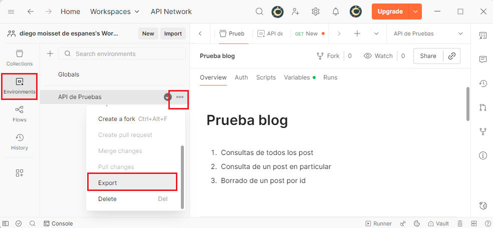 Exportar un ambiente de Postman como archivo JSON