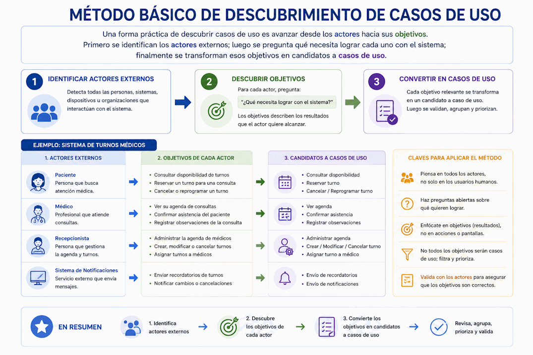 Proceso para descubrir casos de uso desde actores y objetivos hasta una lista inicial de funcionalidades