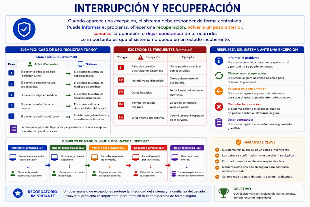 Excepción que interrumpe el flujo principal de un caso de uso y opciones de recuperación del sistema