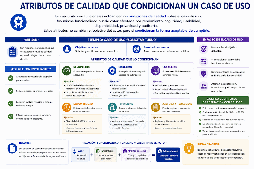 Atributos de calidad como rendimiento, seguridad, usabilidad, disponibilidad y privacidad relacionados con un caso de uso