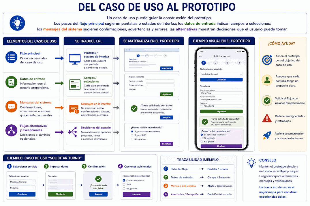 Relación entre caso de uso, flujo principal, datos, mensajes y prototipo de interfaz