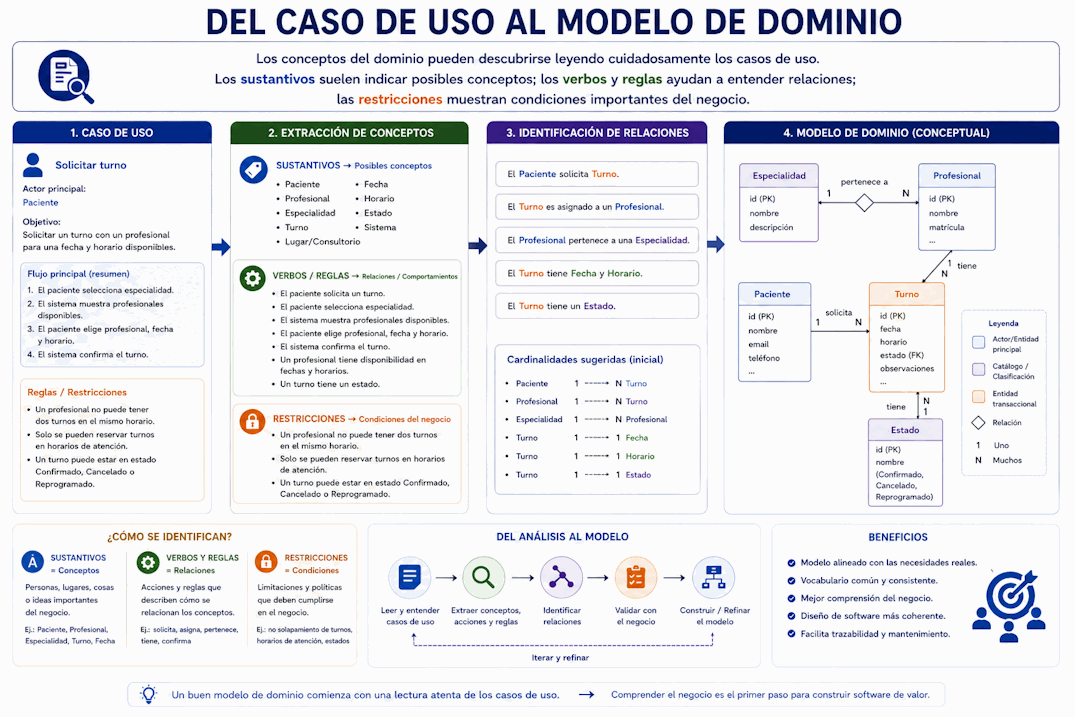 Relación entre un caso de uso y un modelo de dominio con conceptos como Paciente, Turno, Médico y Agenda