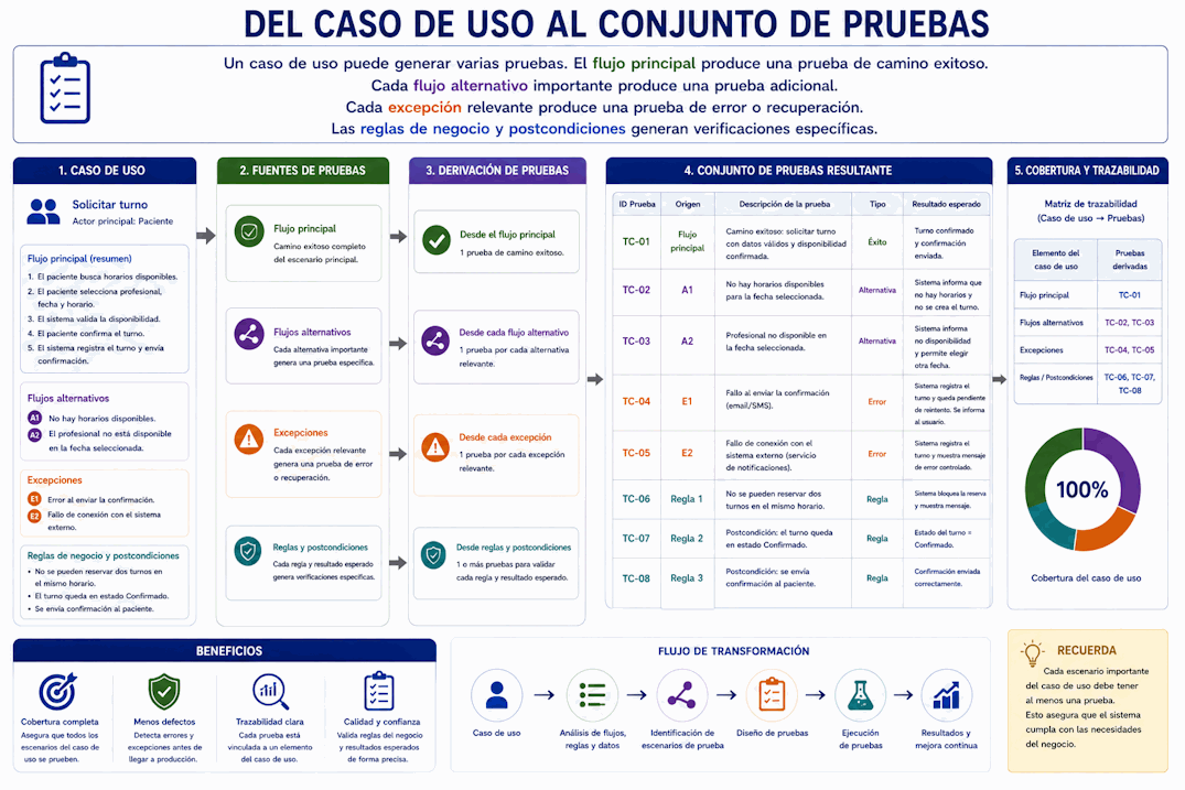 Derivación de casos de prueba desde flujo principal, flujos alternativos, excepciones y reglas de negocio de un caso de uso