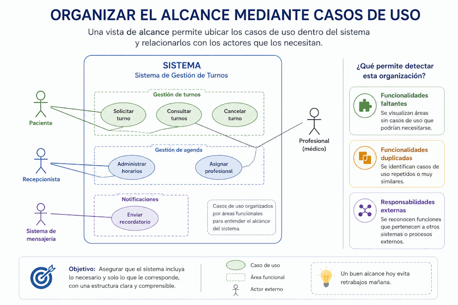 Organización del alcance de un sistema mediante actores y casos de uso principales