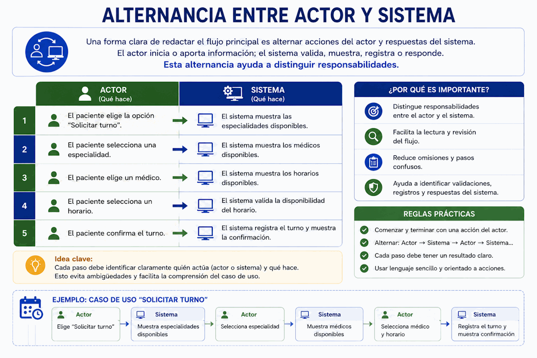 Flujo principal de un caso de uso con pasos alternados entre actor y sistema