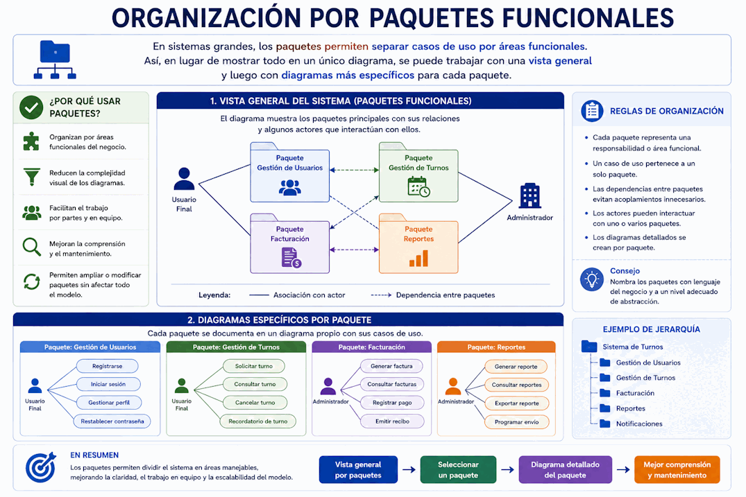 Organización de casos de uso en paquetes funcionales dentro de un sistema grande