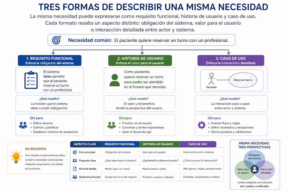 Comparación entre requisito funcional, historia de usuario y caso de uso para la necesidad de solicitar un turno