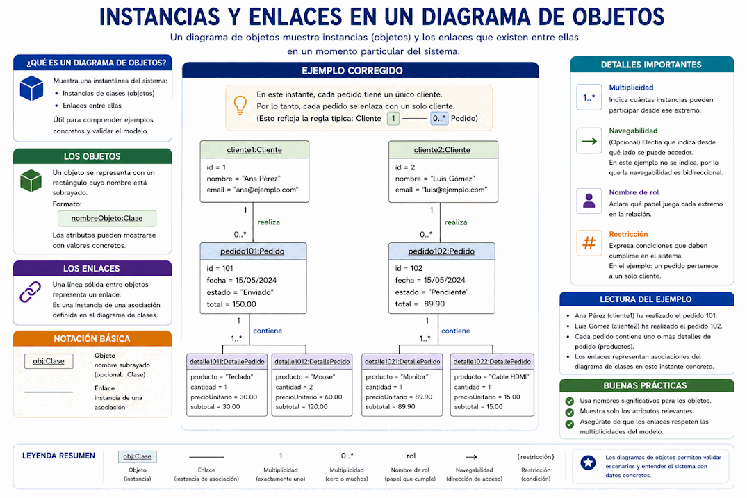 Diagrama de objetos UML con instancias, valores de atributos y enlaces entre objetos