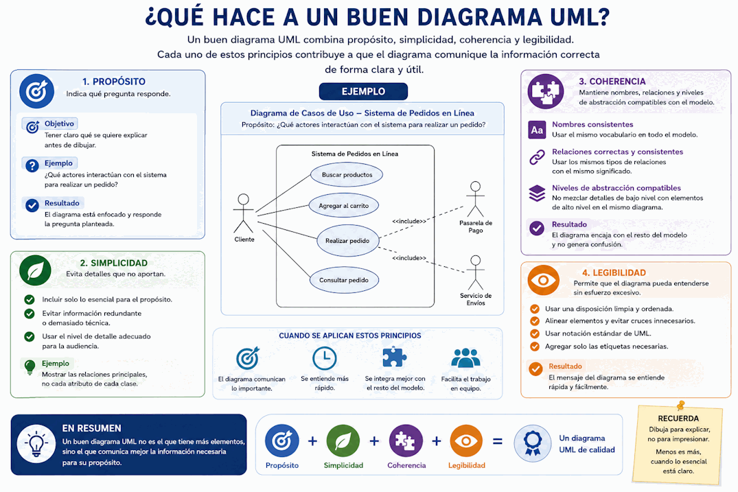 Principios para crear diagramas UML claros: propósito, simplicidad, coherencia y legibilidad