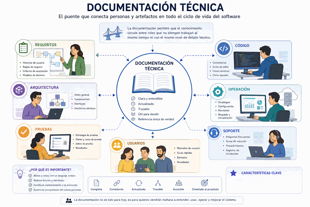Documentación técnica conectando requisitos, arquitectura, código, pruebas, operación, soporte y usuarios en un proyecto de software