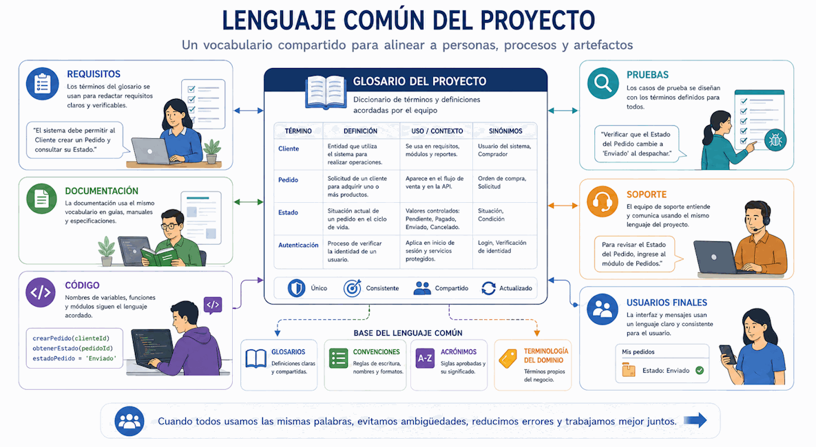 Glosarios, convenciones, acrónimos y terminología del dominio conectando documentación, requisitos, código, pruebas, soporte y usuarios