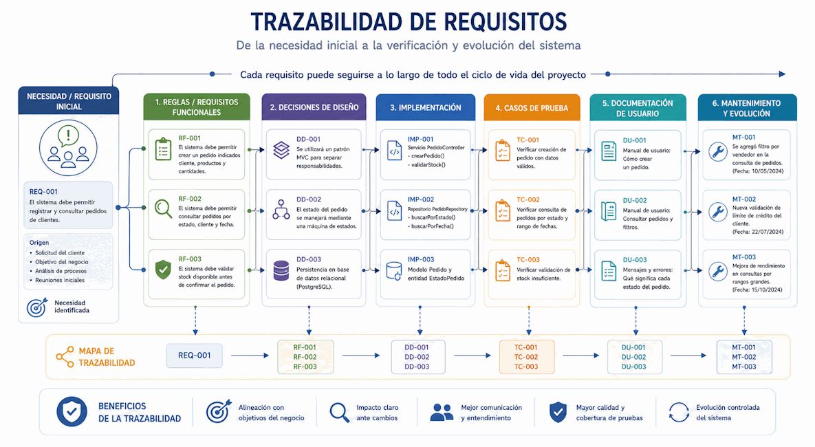 Trazabilidad de requisitos conectando necesidades, reglas funcionales, diseño, implementación, pruebas, documentación y mantenimiento