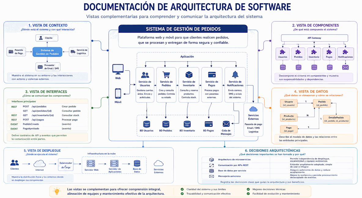 Documentación de arquitectura con vistas de contexto, componentes, interfaces, datos, despliegue y decisiones
