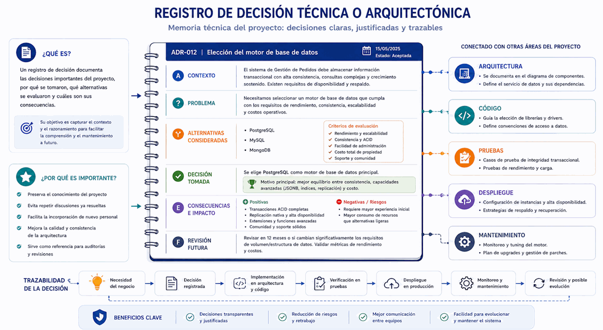Registro de decisiones técnicas con contexto, alternativas, decisión, consecuencias y relación con arquitectura, código, pruebas y mantenimiento