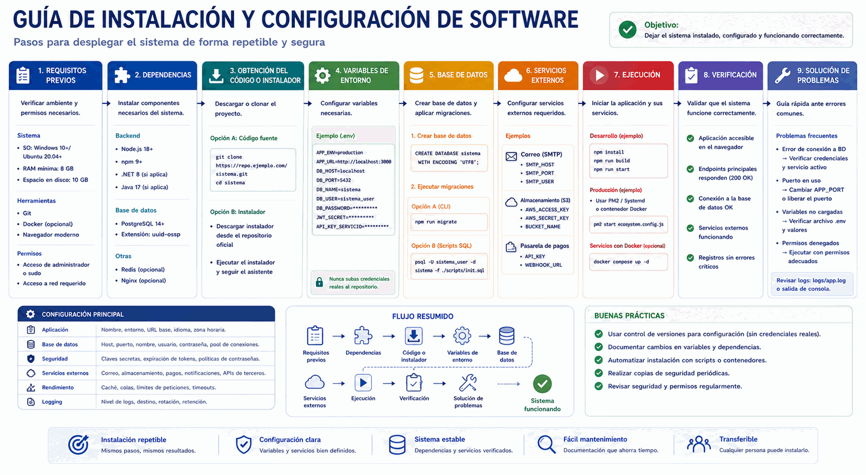 Documentación de instalación y configuración con requisitos previos, dependencias, variables de entorno, base de datos, servicios externos, ejecución y verificación