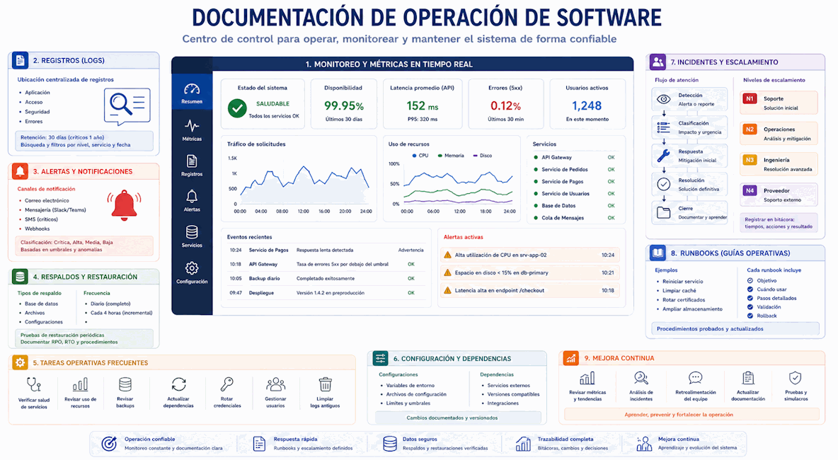Documentación de operación con monitoreo, métricas, registros, alertas, respaldos, restauración, tareas frecuentes, runbooks e incidentes