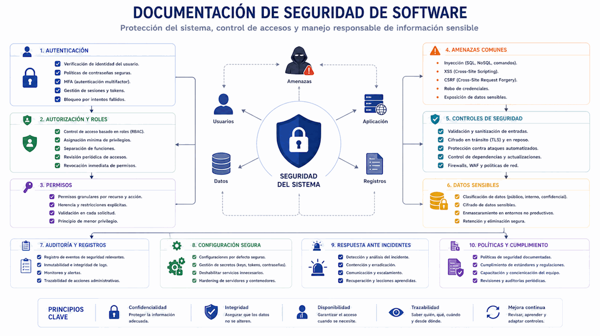 Documentación de seguridad con autenticación, autorización, roles, permisos, amenazas, controles, datos sensibles, auditoría y respuesta ante incidentes