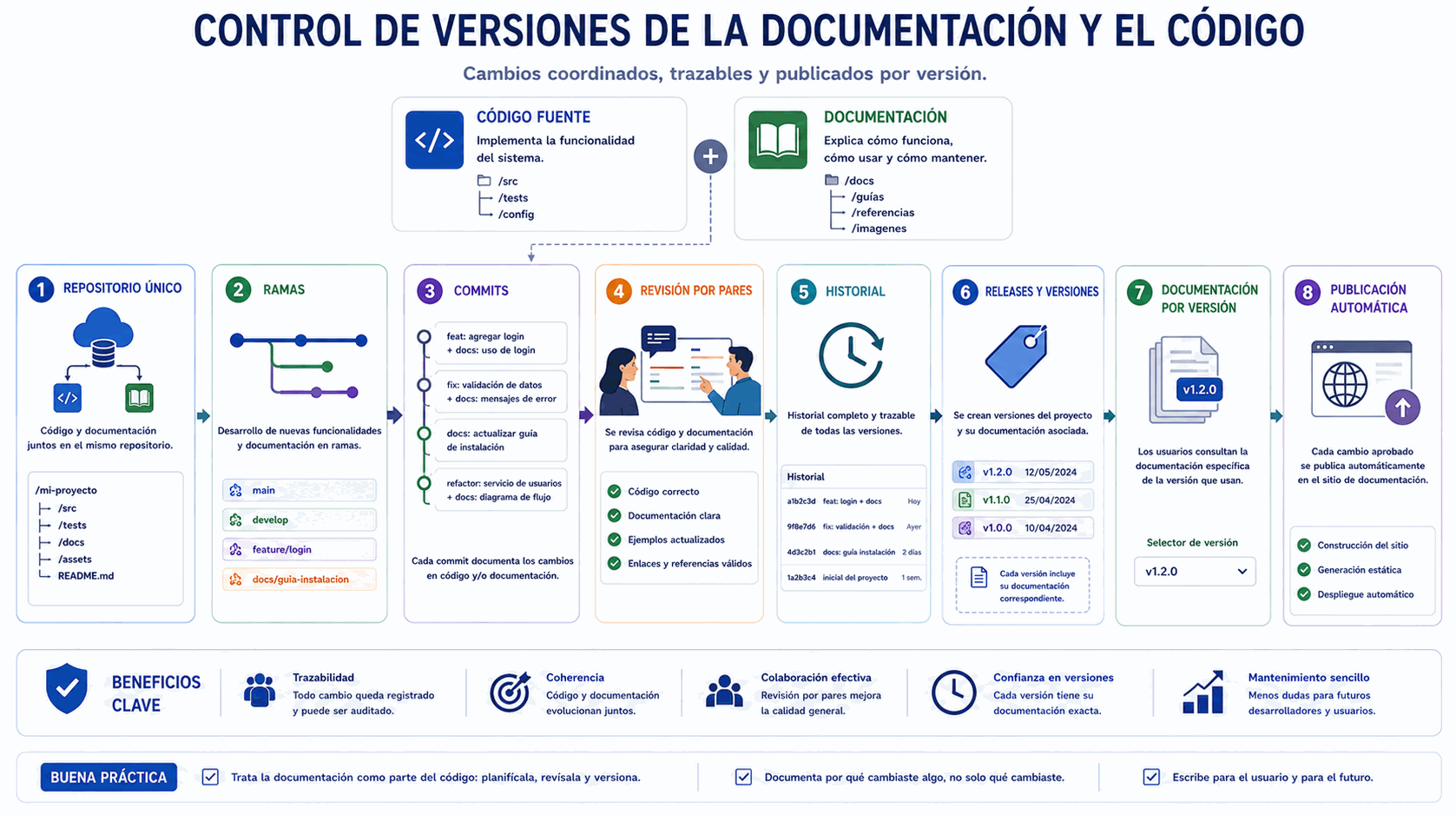 Control de versiones de la documentación junto con el código fuente mediante ramas, commits, revisión, releases y publicación