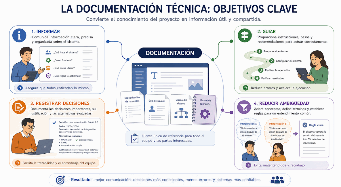 Objetivos de la documentación técnica: informar, guiar, registrar decisiones y reducir ambigüedad