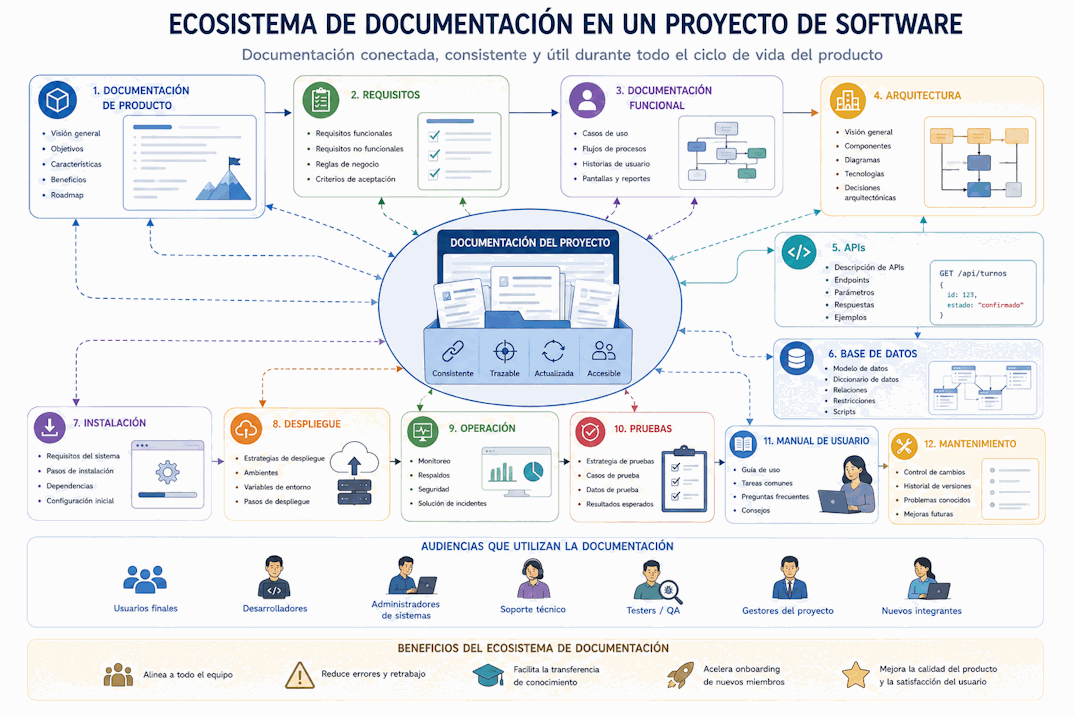Tipos de documentación en un proyecto de software: producto, requisitos, funcional, arquitectura, APIs, instalación, operación, pruebas, usuario y mantenimiento