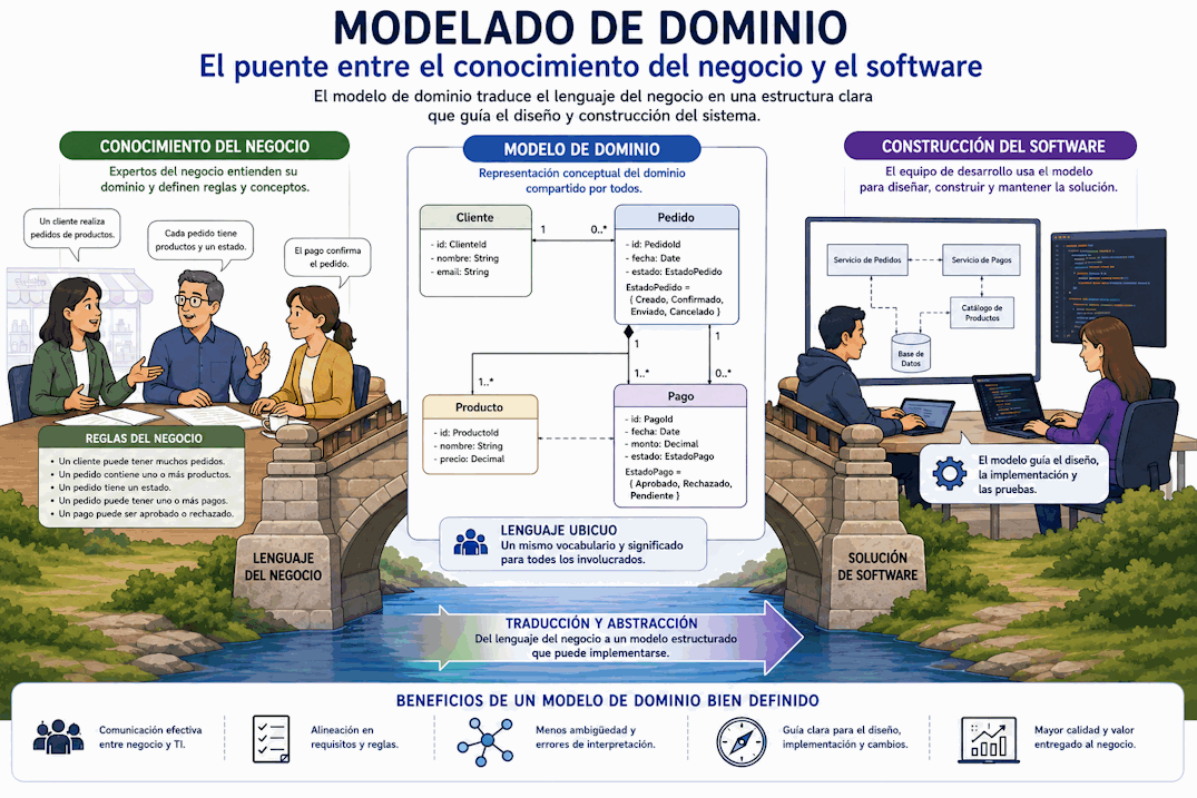 Modelo de dominio como puente entre expertos del negocio y equipo de desarrollo, con conceptos del negocio conectados por relaciones y reglas