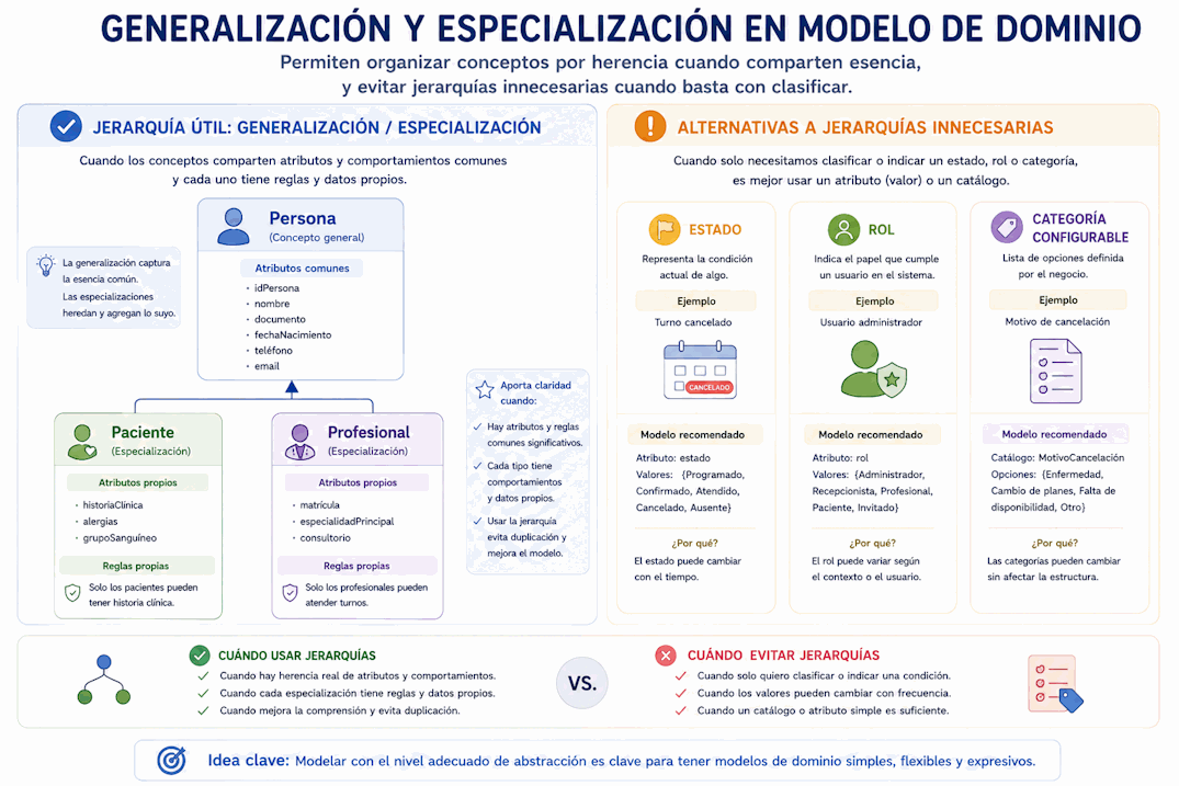 Generalización y especialización en modelado de dominio con jerarquías útiles y alternativas como roles, estados y tipos