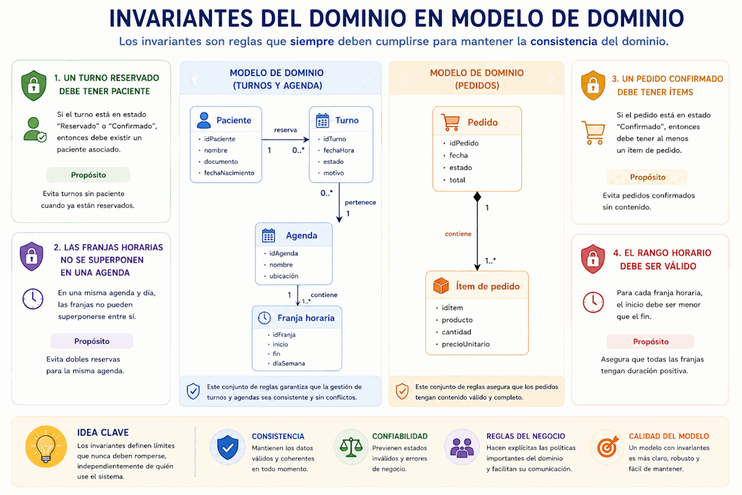 Invariantes del dominio como reglas de consistencia que protegen entidades, objetos de valor y agregados para mantener el modelo válido
