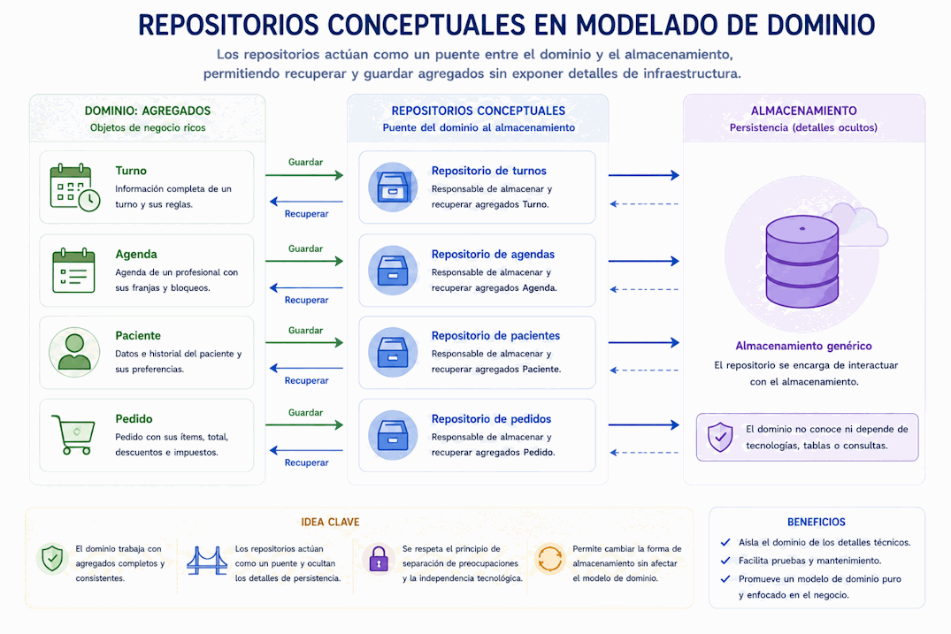 Repositorio conceptual como puente entre agregados del dominio y almacenamiento, separando reglas de negocio de detalles técnicos