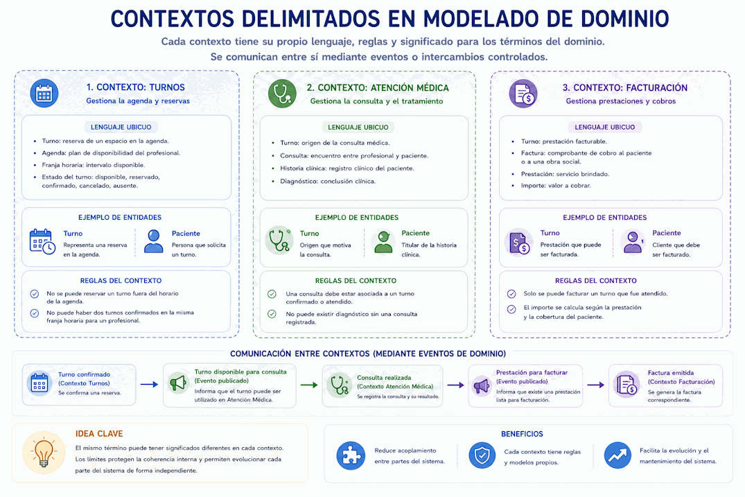 Contextos delimitados separando significados de conceptos del dominio según áreas del negocio como turnos, atención médica y facturación