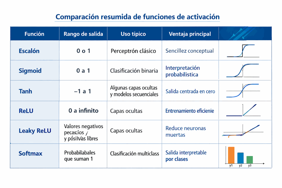 Comparación resumida de funciones de activación