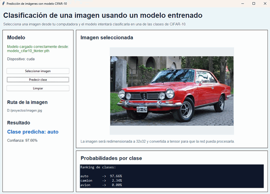 Interfaz para seleccionar una imagen y clasificarla con el modelo entrenado de CIFAR-10