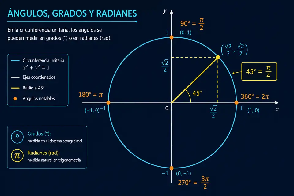 Círculo con equivalencias entre grados y radianes