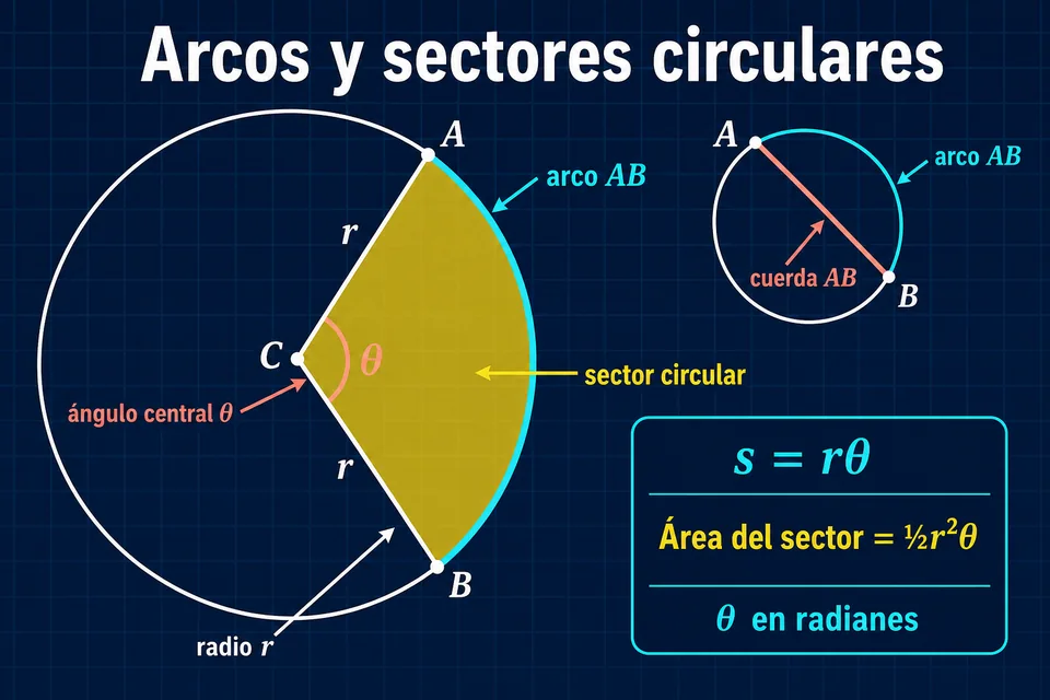 Arco AB, sector circular, ángulo central, radios y cuerda en una circunferencia