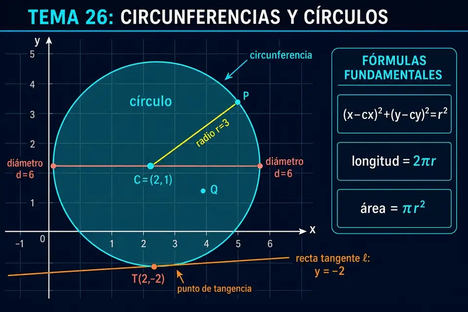 Circunferencia y círculo con centro radio diámetro tangente y fórmulas