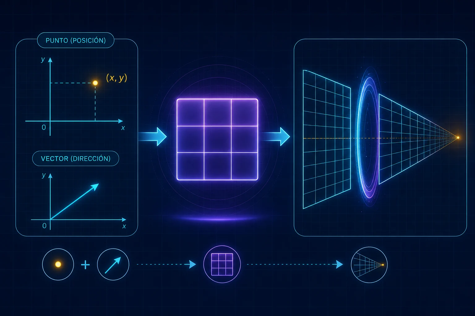 Coordenadas homogéneas aplicadas a gráficos 2D: un punto como posición, un vector como dirección, una matriz de transformación y una cuadrícula proyectada hacia un punto de fuga