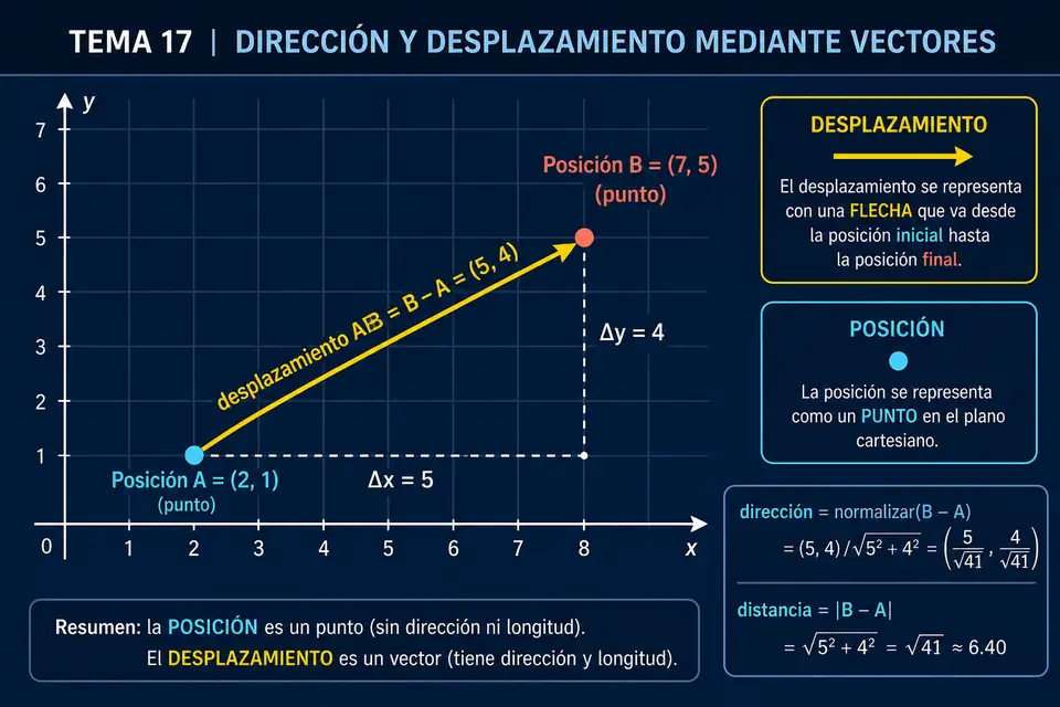 Puntos A y B unidos por un vector de desplazamiento con componentes delta x y delta y