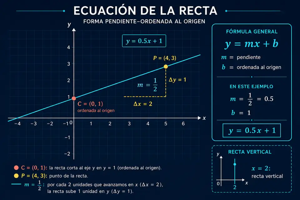 Recta sobre un plano cartesiano con su intersección vertical, puntos y triángulo de pendiente, junto a un ejemplo de recta vertical