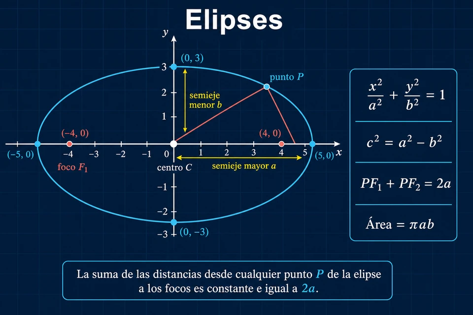 Elipse con centro, semiejes, focos, punto y propiedad de suma de distancias
