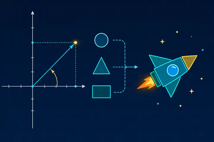 Ilustración de un plano cartesiano con un punto, un vector, un ángulo y figuras geométricas que forman un objeto gráfico 2D